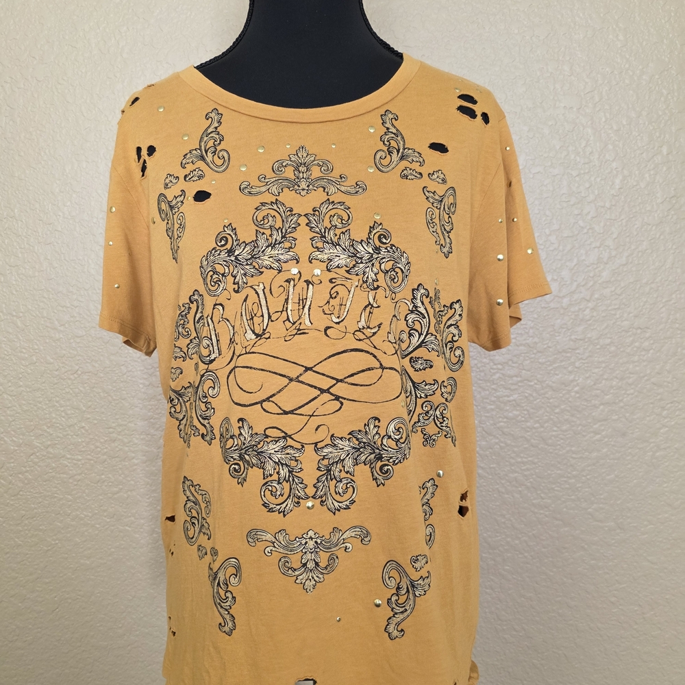 * RIPPED Intentionally Part Of Desing Guess Graphic‎ Gold T-Shirt Embellishment